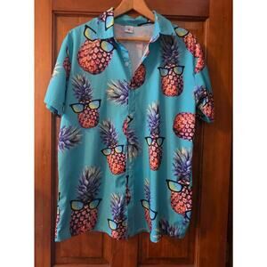Men's Pineapple Sunglasses Hawaiian Aloha Short Sleeve Vacation Shirt Large